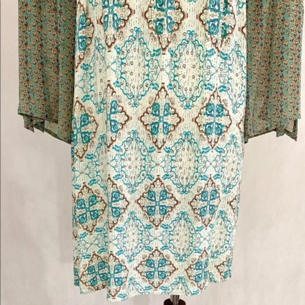 Umgee Aqua Teal Patterned Mini Dress with Olive Bell Sleeves - Picture 3 of 11